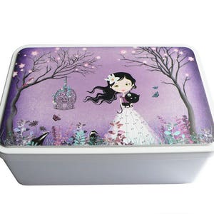 Scatola di metallo illustrata regalo per bambina con gatto nero, ufficio e spazio per riporre gli oggetti in cucina