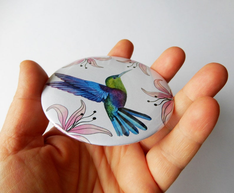 illustration imprimée sur un miroir de poche colibri et fleurs roses image 5
