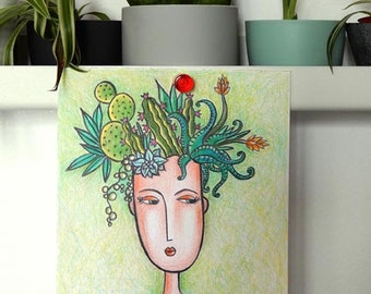 Dessin original crayons de couleurs pour deco murale Portrait femme et plantes