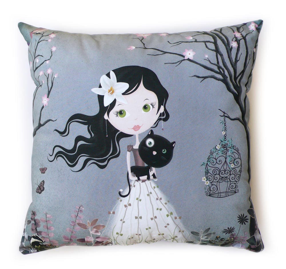 Coussin Déco Fille Au Chat Noir Gris ou Rose Cadeau Chambre de Fille