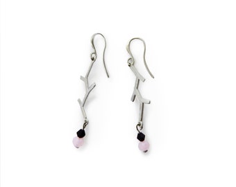 Boucles d'oreilles branches plaqué Rhodium perles roses noires cadeau fille femme