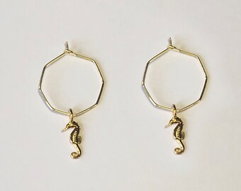 24K Gold Plated Hoop Earrings with Seahorse Pendant
