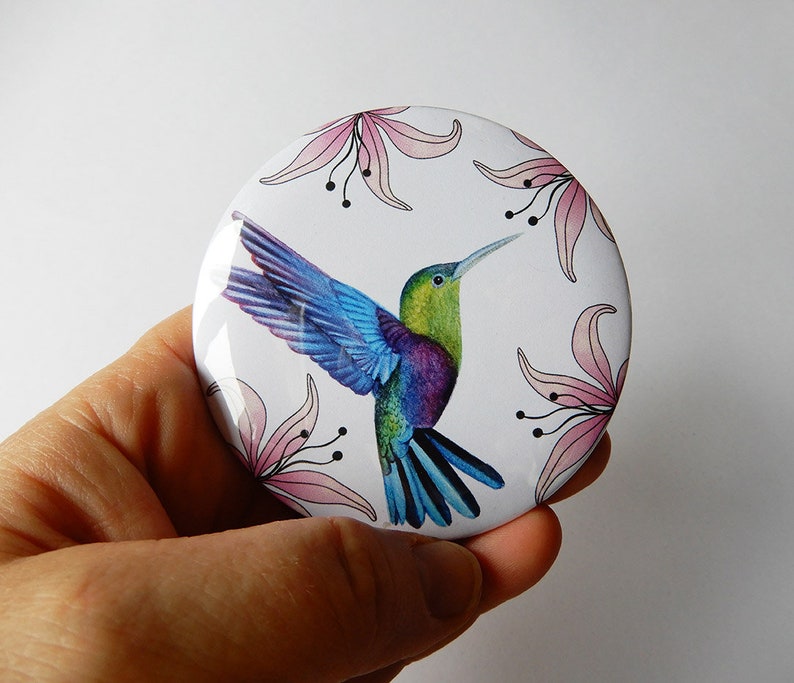 illustration imprimée sur un miroir de poche colibri et fleurs roses image 7