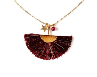 Collier plaqué or et pompon demi lune rouge et or