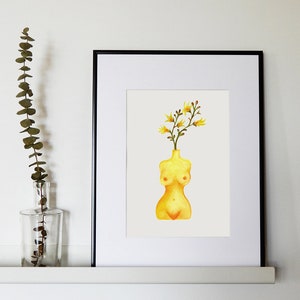 Original watercolor illustration for wall decoration Bust of a woman in yellow vase