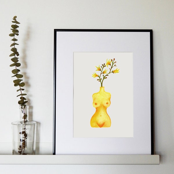 Illustration originale à l'Aquarelle pour décoration murale Buste de femme vase jaune
