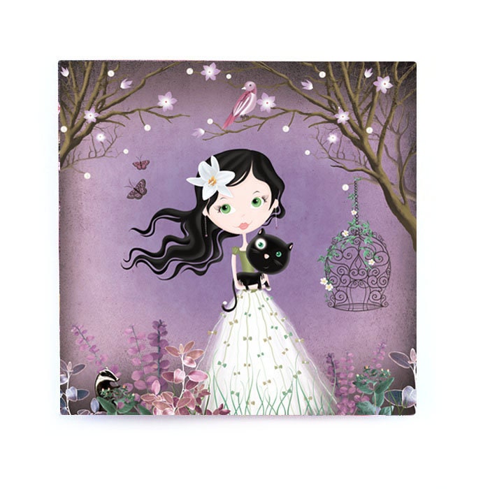 Petit Tableau Imprimé sur Toile Fille Au Chat Noir Déco Chambre de Fille