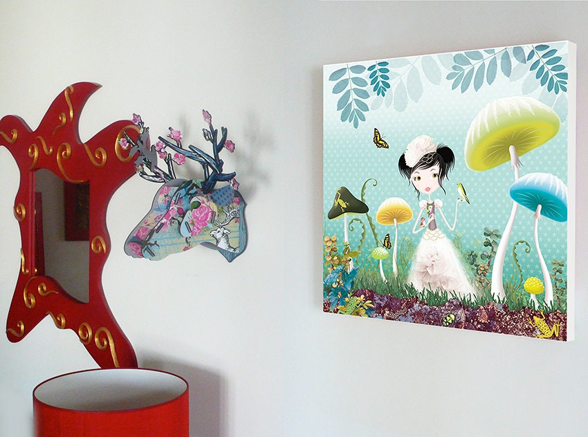 Drawing Printed on Table Mushroom Forest Girl Wall