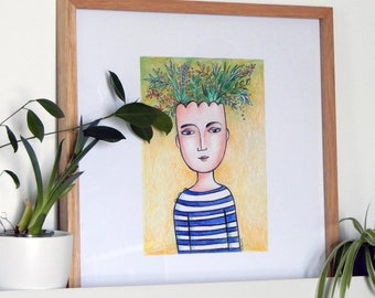 Original drawing in colored pencils for wall decoration The Flowerpot Man