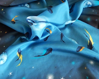 Blue square silk scarf with Fish in the Moon design, a gift for women