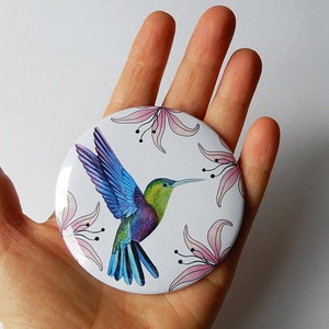 illustration imprimée sur un miroir de poche colibri et fleurs roses image 1