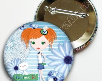 Badge rond Jolie rousse rayé, broche fille bleue, chaton, cadeau fille amitié, anniversaire fille ado