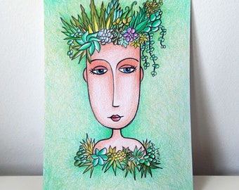 Illustration originale crayons de couleurs pour décoration murale femme coiffée de plantes