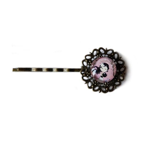 Barrette métal baroque et cabochon de verre fille et chat noir