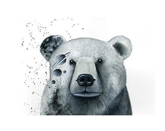 Print based on original watercolor painting of a bear and cosmos for wall decoration