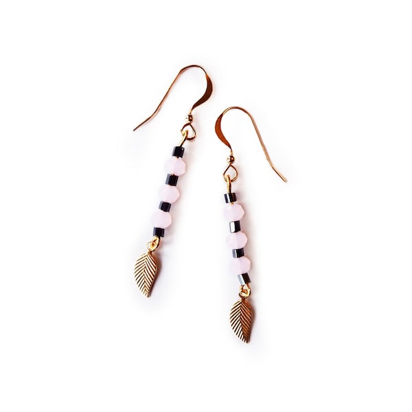 14K Gold Plated Earrings Pink and Grey Beads Leaf charms