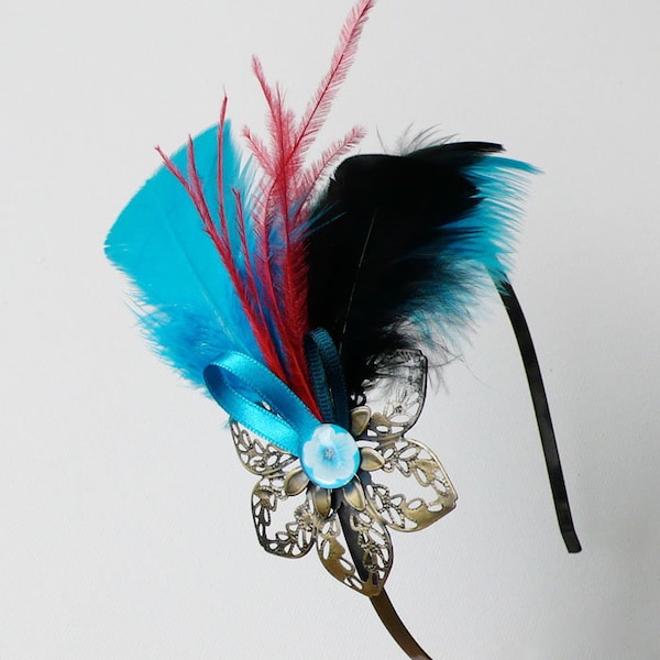 Serre-tête métallique et plumes bleu noir rouge bijou de cheveux accessoire coiffure