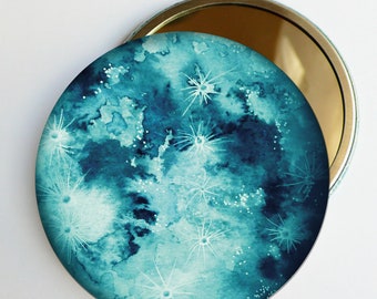illustration à l'aquarelle imprimée sur miroir de poche Lune turquoise ou grise