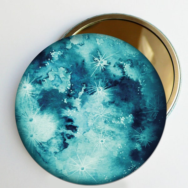 illustration à l'aquarelle imprimée sur miroir de poche Lune turquoise ou grise