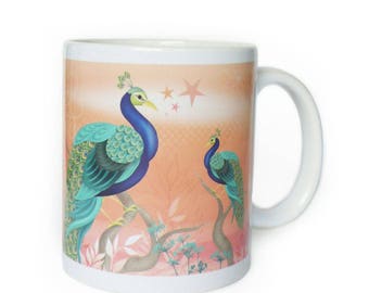 Decorative mug Peacock orange porcelain gift for woman, teenager, girl