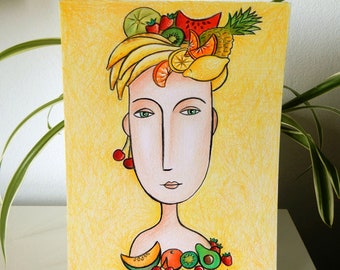 Illustration with colored pencils for wall decoration Woman wearing fruit on her head
