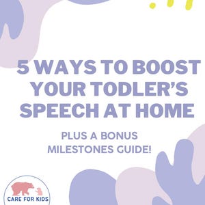 Pode incluir: Um fundo branco com formas abstratas em roxo claro e amarelo. O texto diz "5 MANEIRAS DE IMPULSIONAR A FALA DO SEU FILHO EM CASA" e "MAIS UM GUIA DE MARCOS DE BÔNUS!". Um logotipo para "CARE FOR KIDS SPEECH THERAPY" está no canto inferior esquerdo.