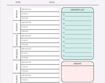 Minimalist Meal Planner Printable | Weekly Meal Prep Template with Grocery List & Notes | Digital PDF Download