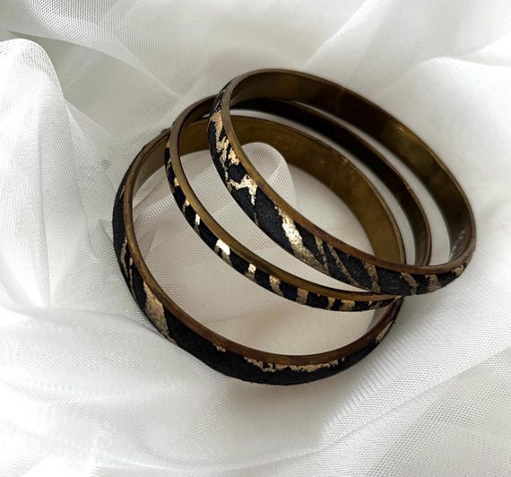 Triple Brass Stackable Vintage Bangle Bracelet wi… - image 1