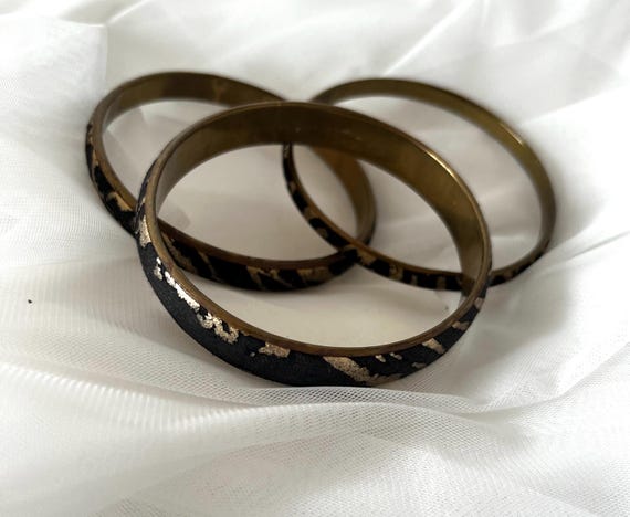 Triple Brass Stackable Vintage Bangle Bracelet wi… - image 4