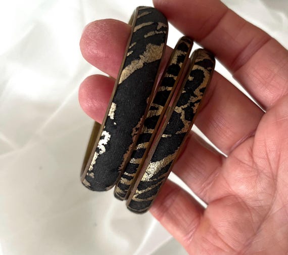 Triple Brass Stackable Vintage Bangle Bracelet wi… - image 3