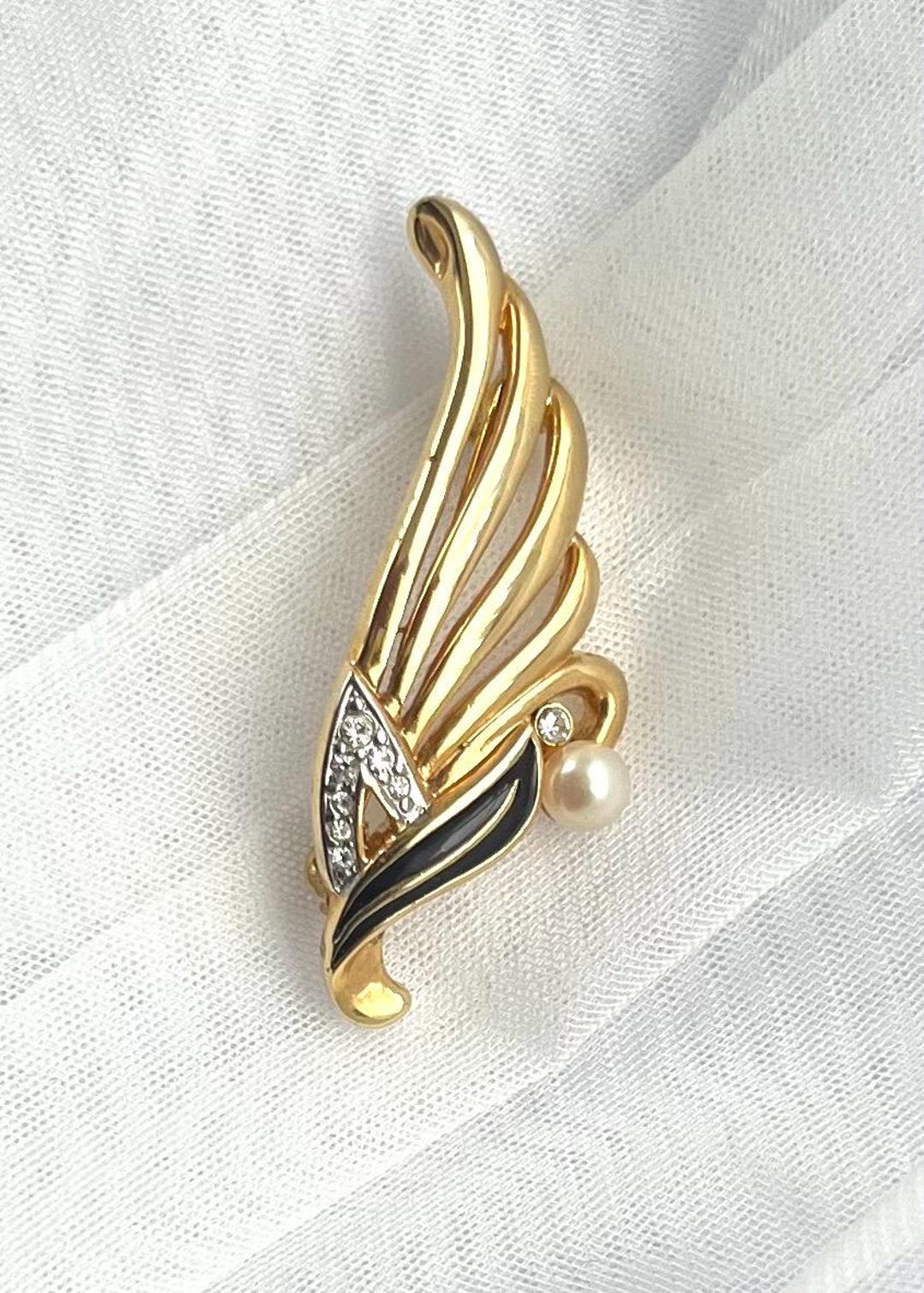 Art Deco Style Gold Metal, Black Enamel and Rhinestones Wing Shaped ...