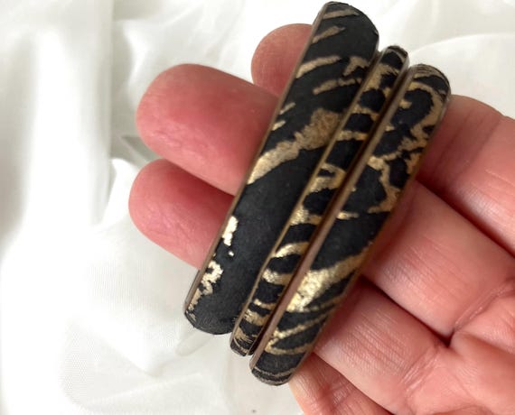 Triple Brass Stackable Vintage Bangle Bracelet wi… - image 2