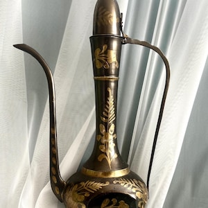 Vintage Brass Aftaba Pitcher with Floral Engraving | Ornate Decorative Metal Vase | Hollywood Regency Boho Decor | Middle Eastern Style