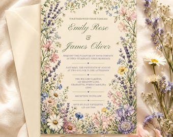 May include: A wedding invitation card featuring a cream background with a border of watercolour wildflowers including lavender, daisies, and pink blossoms. The text reads Emily Rose and James Oliver, with event details for August 15th in Charlotte.