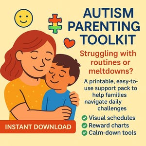 May include: An illustration promoting an Autism Parenting Toolkit. It features a mother and child embracing, with text including "Autism Parenting Toolkit" and "Instant Download." The image also highlights visual schedules, reward charts, and calm-down tools.