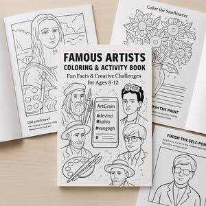 Puede incluir: Un libro para colorear y actividades en blanco y negro titulado "FAMOUS ARTISTS COLORING & ACTIVITY BOOK" con ilustraciones de artistas famosos. El libro incluye datos divertidos y desafíos creativos para niños de 8 a 12 años. Varias páginas abiertas son visibles.