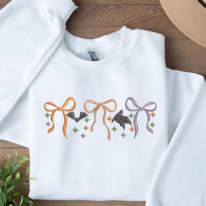 Halloween Bat and Ribbon Embroidery File, Cute Halloween Design, Hats with Bows, Coquette Digital Download, Sparkle Embroidery Pattern
