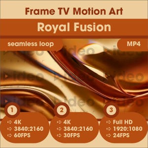 Könnte beinhalten: Abstrakte digitale Kunstgrafik mit dem Text "Frame TV Motion Art" und "Royal Fusion". Das Bild zeigt ein nahtloses Loop-Design mit Optionen: 4K bei 3840:2160 Auflösung und 60FPS, 4K bei 3840:2160 Auflösung und 30FPS, und Full HD bei 1920:1080 Auflösung und 24FPS. MP4 Format.