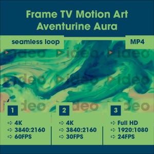 Può includere: Grafica di arte digitale per Frame TV, intitolata "Aventurine Aura". L'immagine presenta un design a ciclo continuo con forme astratte verdi e blu. Include opzioni di risoluzione video: 4K, 3840:2160 e Full HD, 1920:1080.