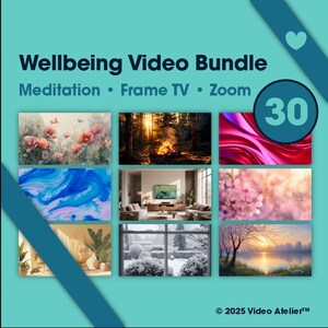 Puede incluir: Un gráfico turquesa con el texto "Wellbeing Video Bundle" y las palabras "Meditation, Frame TV, Zoom". La imagen presenta nueve imágenes más pequeñas con escenas de la naturaleza y arte abstracto. Un círculo con el número 30 está en la esquina superior derecha.