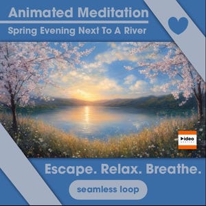 May include: A digital painting depicting a spring evening by a river. The artwork shows a sunset over a lake, cherry blossom trees, and the words "Escape. Relax. Breathe."