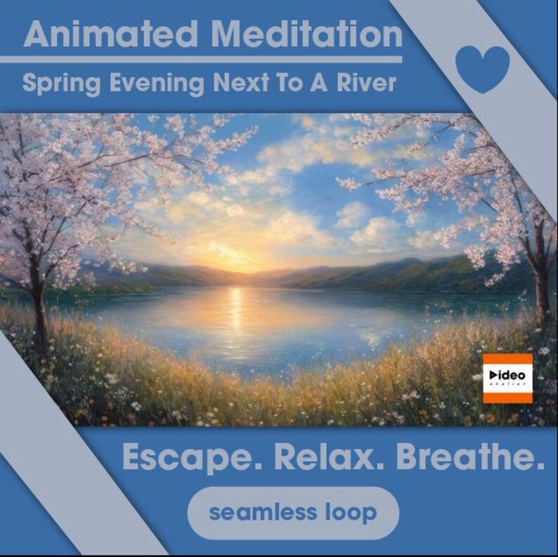 May include: A digital painting depicting a spring evening by a river. The artwork shows a sunset over a lake, cherry blossom trees, and the words "Escape. Relax. Breathe."