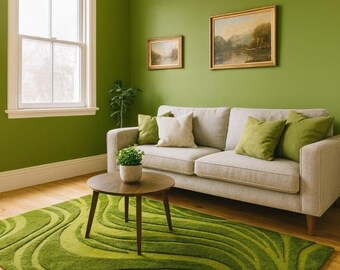 Green Abstract Wave Area Rug | Modern Wool Carpet
