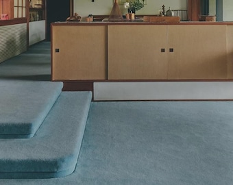 Minimalist Blue Rug, Wool And Cotton Low-Pile Japanese Style