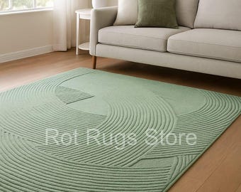 Handmade Green Wool Rug: Sculpted Texture, Modern Scandinavian Style hand tufted rug 10x14 5x8