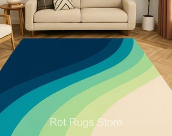 Hand-Tufted Wool Area Rug: Abstract Wave Design, Blue Green Cream