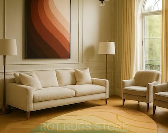 Oval Tufted Wool Rug: Green Beige Gradient, Nature Inspired