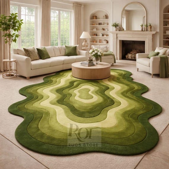 Topographic Green Area Rug Wavy Layered Modern Carpet Abstract Organic Shape Rug Custom Size Handmade Floor Art Living Room Decor
