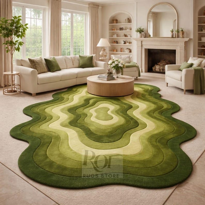 Topographic layered green area rug shown in a spacious classical interior. Wavy organic shape with multiple contour layers in deep and light green tones, resembling terrain elevation. Plush tufted texture, modern artistic floor decor for living rooms or luxury spaces.