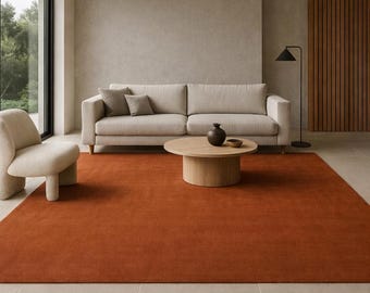 Modern Solid Rust Orange Area Rug,4x6 5x7 6x8 7x10 8x11 ft Minimalist Handmade Wool Carpet for Living Room, Bedroom, Scandinavian Home Decor